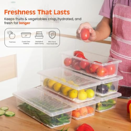 Image of CHONGZFU Fridge Storage Box (Pack of 6) Fridge Organiser Storage Boxes with Removable Drain Plate, Lids, Stackable Organizer, Fridge Storage Box Keep Fruits, Vegetables Fresher, 1500 ML