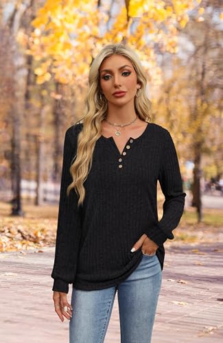Xieerduo Black Sweaters For Women Long Sleeve Henley Shirts Tunic Tops To Wear With Leggings Crew Neck Winter Clothes Black S thumb #3
