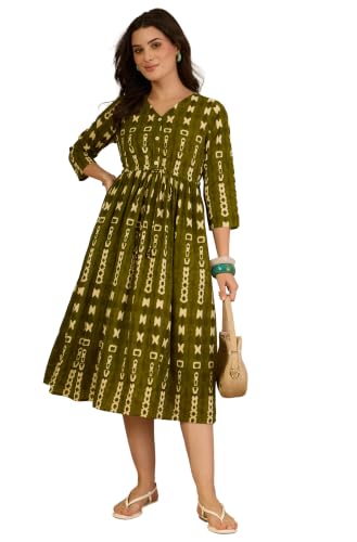 Image of Janasya Women's Olive Green Pure Cotton Geometric Printed Fit & Flare Dress
