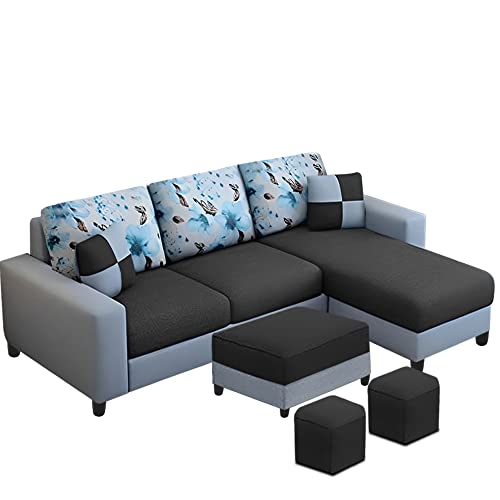 Image of Orland 4 Seater RHS L Shape Sofa with Center Table & 2 Puffy | Color - Black Grey