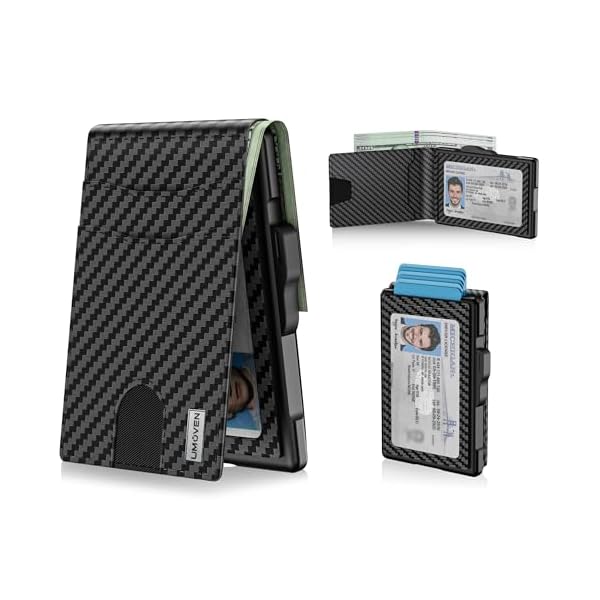 umoven Wallet for Men - Pop Up Case, Cash Slot, and Credit Card Slot - Slim Aluminum Wallet with RFID Blocking, Minimalist Leather Wallet Front Pocket with ID Window (Carbon Fiber)