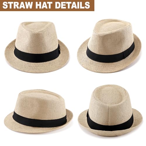 Image of Straw Fedora Hats for Men Women, 1920s Short Brim Trilby Panama Hat Summer Beach Sun Cap