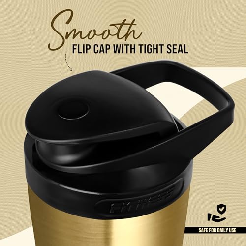 Image of Stainless steel shaker 700ml protein shaker bottle - leak proof 304 SS food grade steel, gym shaker, shaker bottles for protein, steel shaker for gym (Golden)