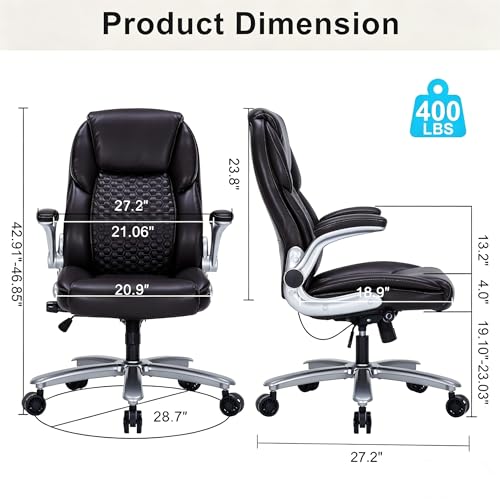 Image of ZLHECTO Big and Tall Executive Office Chair, PU Leather Swivel Desk Chair with Flip-up Arms, Adjustable Lumbar Support, Space-Saving Height Adjustable Rolling Computer Chair for Home & Office Use