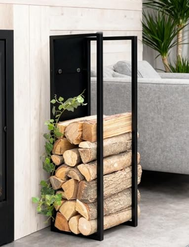Estante de metal para leña con estante colgante y soporte para almacenamiento en interiores y exteriores