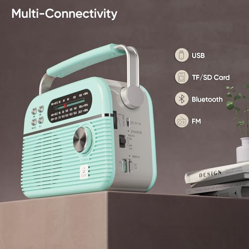 Image of Trinity Solar-Powered MP3 Player & 3-Band Radio with FM /AM /SW, Retro Modern Style, Bluetooth, USB, TF /SD Card, 1200 mAh Rechargeable Battery, Solar Charger, 1 Year Replacement Warranty (Blue)