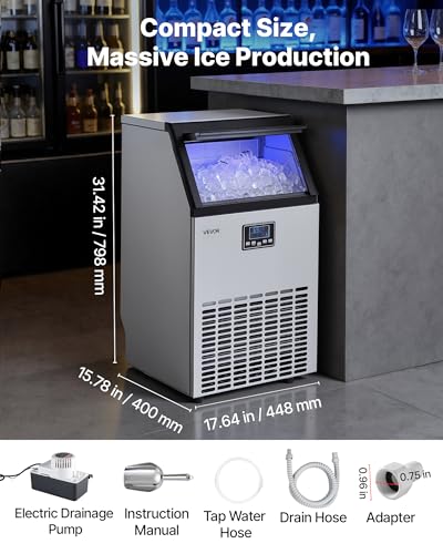 Image of VEVOR Commercial Ice Maker Machine with Pump, 100 lbs /24h with 26 lbs Storage Capacity, Built-in /Freestanding /Under Counter, Stainless Steel Ice Maker with LED Display & Self-Cleaning, for Home Bar
