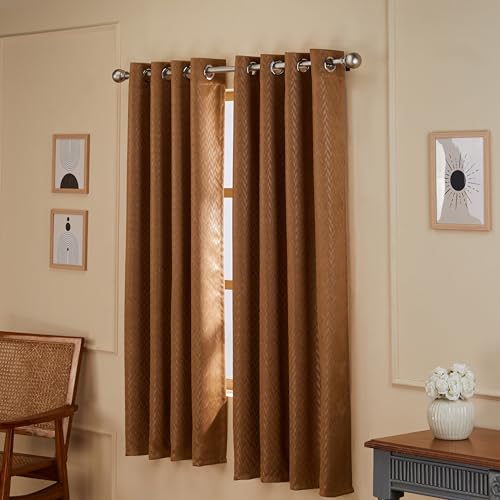 Image of Amazon Basics - Room Darkening Blackout Door Curtains, 100% Room Darkening | 5 Feet |Set of 2| Embossed | Self Deisgn |for Living Room and Bedroom | 115cmx 150cm, Color- Coffee