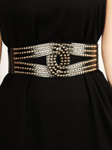Urieo Punk Rivet Stretchy Belt Leather Vintage Gold Elastic Belts Wide Dress Dresses Fashion Broad Waist Cinch Belt for Women2