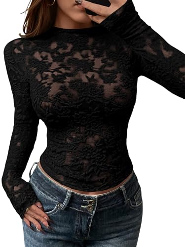 BTFBM Mesh Long Sleeve Tops for Women Lace Sexy Sheer See Through Crew Neck Tight Shirt Fall 2025 Party Club Outfits