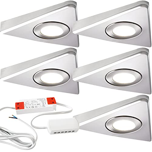 Image of Modern Triangle Under Cabinet Kitchen Light & Driver Kit – Smooth Diffused LED – Slim Pyramid Worktop Light – Low Profile Surface Mounted (5X Light & Driver, Warm White LED, Brushed Nickel Bezel)