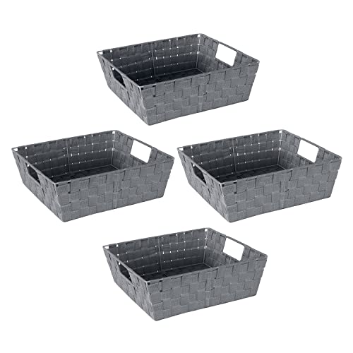 Simplify Large Shelf Woven Strap Tote | Decorative Storage Basket | Built in Handles | Organization | Closet | Bedroom | Bathroom | Nursery | Accessories | Toys | Gifts | 4 Pack | Grey