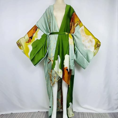 Summer Silk feeling beach cover up Women Cardigan Boho African Holiday party long Sleeve Robe kimono Kaftan - Image 3