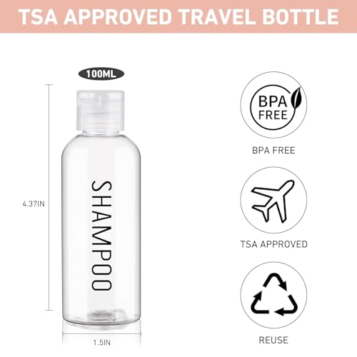 Travel Bottles for Toiletries 3.4oz/100ml 4 Pack TSA Approved Leak-Proof Travel Size Containers Squeezable Empty Plastic Toiletry Bottles Pre-printed Shampoo, Conditioner, Body Wash (Clear)2
