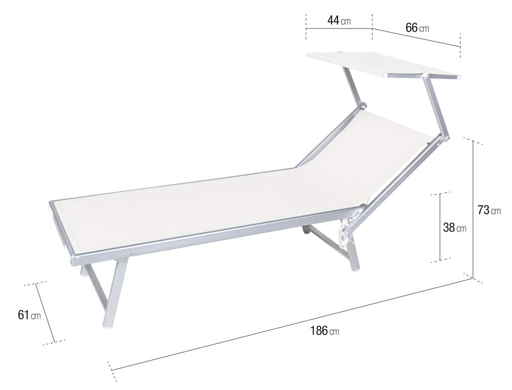VERDELOOK | Rimini, Lettino da Mare con Parasole, 186x61x38 cm, Bianco, per Giardini, Piscine, Terrazze, Lettino Prendisole