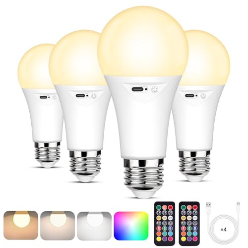 Image of Yochoice 4-Pack Rechargeable Battery Powered Light Bulb, Dimmable A19 Light Bulb with 9 Colors Selectable & 3 Timer, Cordless Bulb for Lamps and Sconce with Remote Control