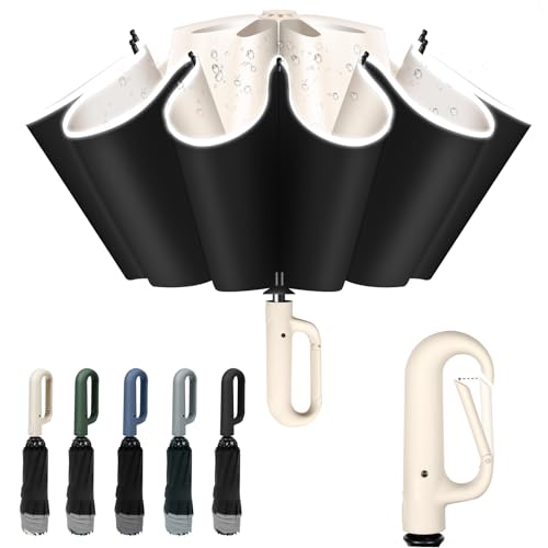 Vicloon Paraguas Plegable, Gran Paraguas de Viaje con Asa de Mosquetón, 10 Varillas/Antiviento/Protección UV/Apertura y Cierre Automático/Mujeres y Hombre (Beige)