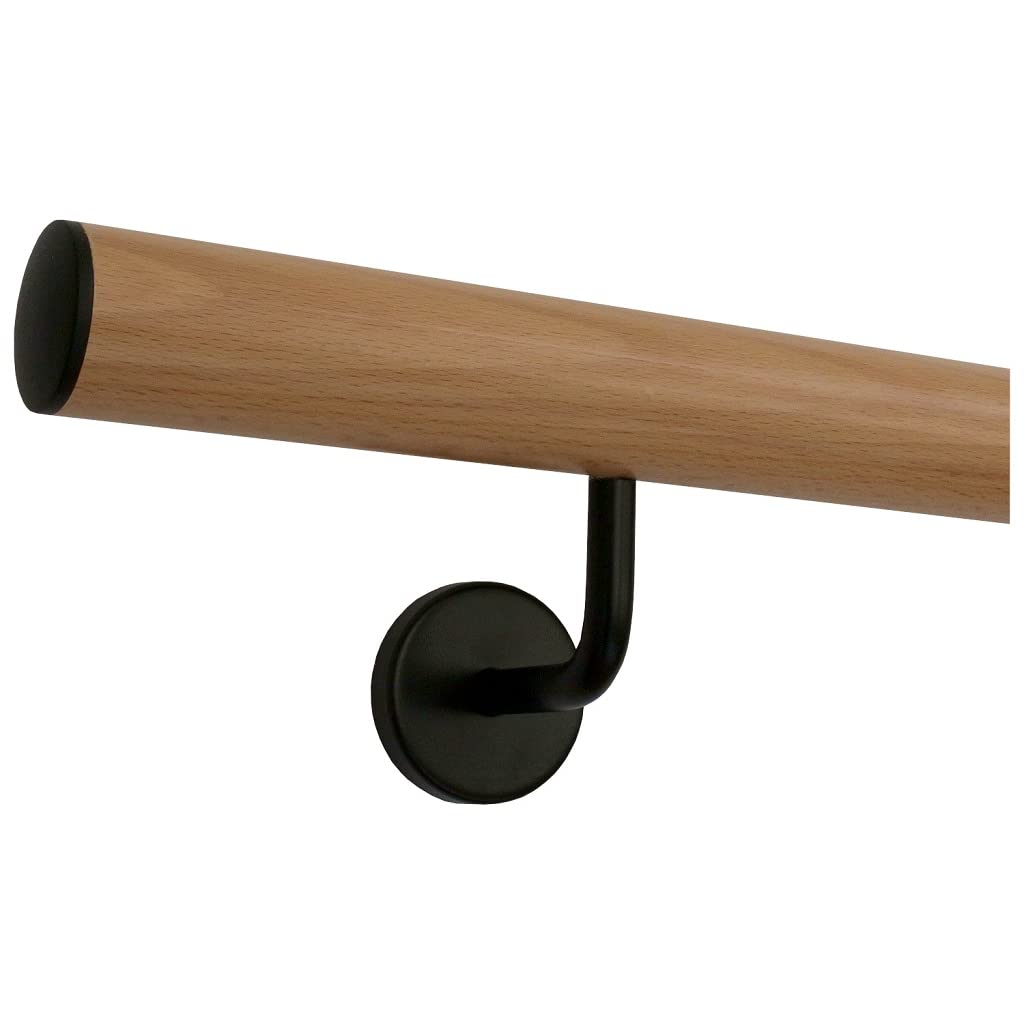 TIBU Buche Holz Handlauf Geländer 30-500cm im Set schwarze Halter Wandhandlauf Wand Treppe, Länge 150 cm mit 3 Halter Enden leicht gewölbte schwarze Kappen