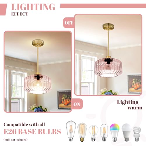 Image of Pendant Lights Gold Kitchen Island Pendant Light Fixtures 1 Light with Amber Glass Shade, Large Glass Chandelier Hanging Lights for Bedroom Living Dining Room (Pink)