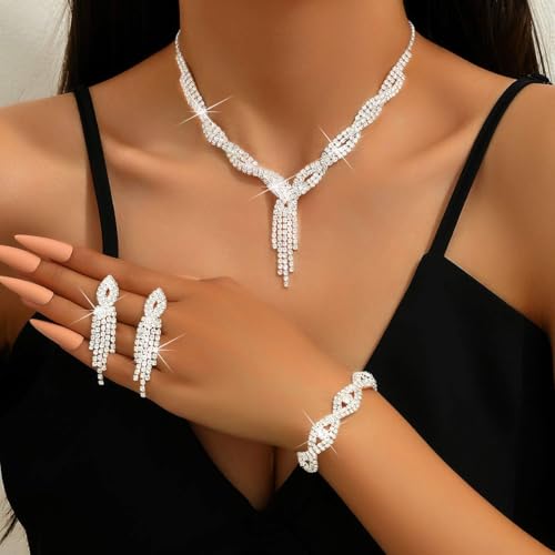 Brishow Rhinestone Bridal Jewelry Set for Wedding Necklaces and Earrings Formal Silver Necklace Bracelets Set for Women (silver) by Brishow - Image 7