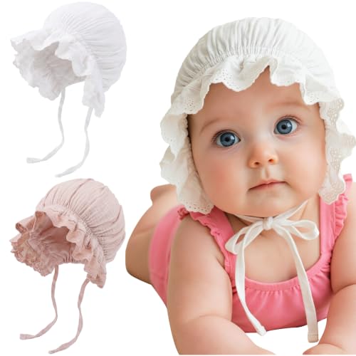 Image of DRESHOW BQUBO Baby Bonnet Lace Cotton Baptism Bonnet for Baby Girls Newborn Soft Warm Cap Hospital Hat Sleepy Hat with Tie