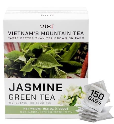 Image of VIXI Jasmine Green Tea Bags, 150 Counts, Vietnam's Mountain Tea, Flavored, Aroma, Tagless, Sugar Free, 100% Natural from Ancient Tea Tree for Hot and Cold Brew