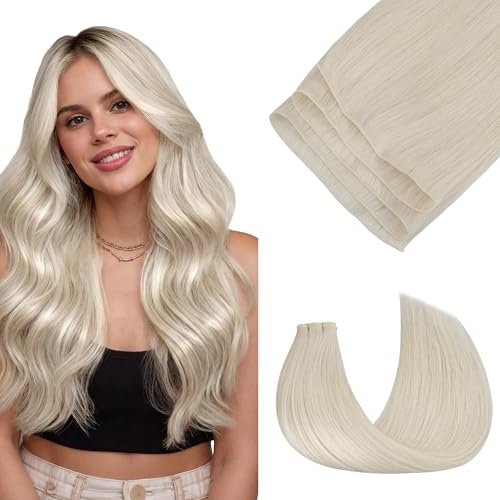 Image of GOO GOO Genius Weft Hair Extensions Human Hair, Sew In Hair Extensions Rooted Remy Weft, 60A Platinum Blonde 20inch 60g, Hand Tied