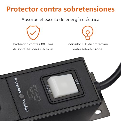 Detalle del sistema de protección contra sobretensiones de 600 julios, indicador LED y botón de encendido de la regleta