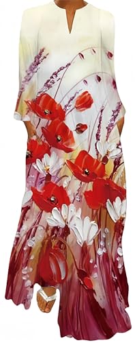 Ocean Plus Damen Frühlings- und Sommerkleid mit Langem Rock V-Ausschnitt Langen Ärmeln mit Taschen und Lockerem Blumendruck
