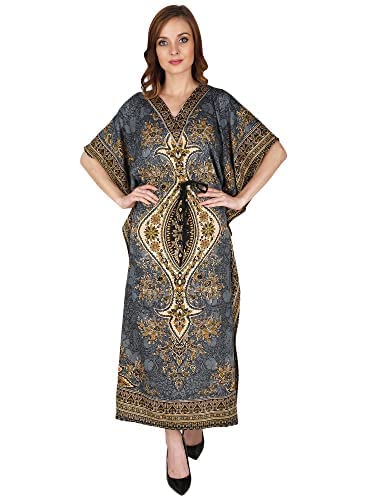 Women's Kaftan Night Wear Dress Beach Ladies Sleepwear Gown Robe V-Neck Cover Up Robe (Grey)