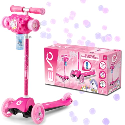 EVO Patinete ajustable con tres ruedas para niños, Bubblz Mini Cruiser rosa con pompas de jabón