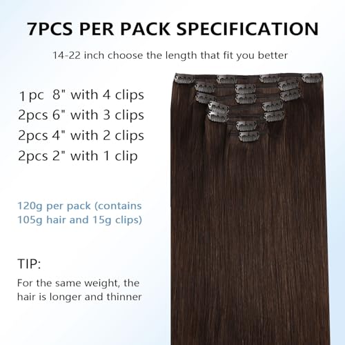 Image of COOKAYU Clip in Hair Extensions Real Human Hair, Real Hair Extensions Clip in Human Hair Medium Brown Straight Hair 16inch 120g 7Pcs