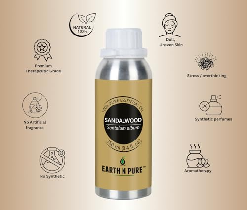Image of Earth N Pure Sandalwood Essential Oil | 100% Pure & Natural | Steam Distilled | For Relaxation, Skin Nourishment & Meditation | 250ml