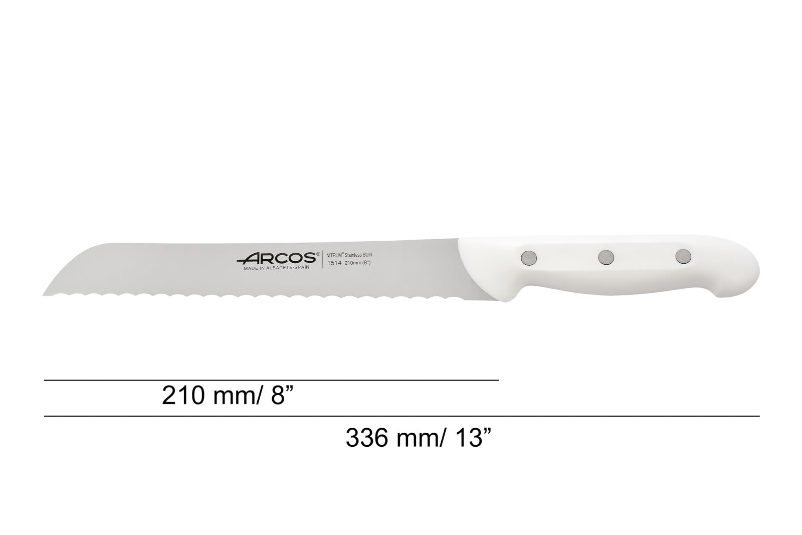Arcos Artika Cuchillo Panero Acero Inoxidable NITRUM Serrado 210 mm - Mango Polipropileno Blanco - Alta Durabilidad y Corte Preciso - Serie Artika