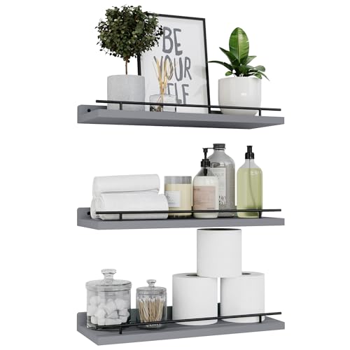WOPITUES Floating Shelves with Black Metal Guardrail, Shelves for Wall