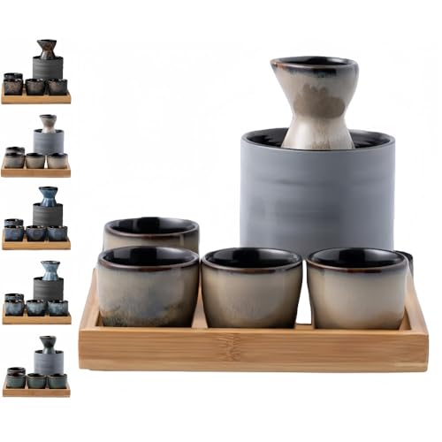 SJGEIDM酒器 セット おちょこ グラス 酒 トレイ×1、ワイン×4、ジョッキ×1、ウォーマー×1 耐熱 滑り止め 日本酒 陶器 業務用 家庭用 退職祝い 誕生日の贈り物 (コーヒーゴールドギフトボックス,7つのワインセットが入った木製トレイ)