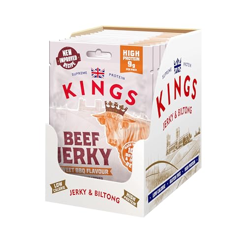 Kings - Beef Jerky - Sweet BBQ Flavour - High Protein Snacks Marinated and Cooked Meat - Bulk Box of 12 x 25 g Packs