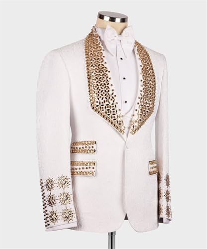 Mens Luxury Jacquard 2 Pieces Suit with Rhinestone Slim Fit Shawl Lapel Blazer Jacket Pants Set for Prom,Wedding3