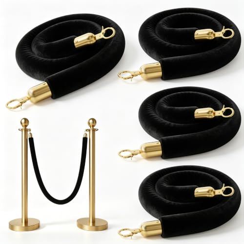 Image of 4PCS Black Velvet Stanchion Ropes 5 Ft Crowd Control Ropes Barrier with Gold Hooks for Party Supplies,Photobooth Accessories, Prom,Birthday,Business,Wedding, Museums