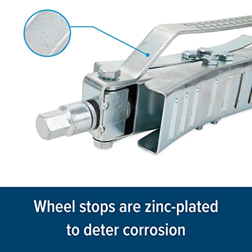 Image of Camco Eaz-Lift 10-Inch Metal Wheel Stop with Lock and Ratchet Wrench, Heavy Duty RV Trailer Tire Stabilizer for 3 to 10 Inch Spacing, Pack of 2