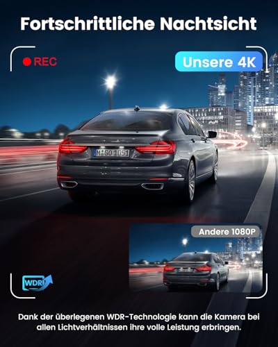 Dashcam Auto 4K+1080P SIGRILL Dashcam Auto Vorne Hinten, WiFi Dash Cam APP Steuerung, kostenlose 64-GB-Karte, Ultra Nachtsicht Daschcam, 24H Parkmodus, G-Sensor, Loop-Aufnahme, Max 256GB