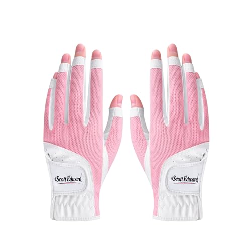 Scott Edward 1 Pair Open-Finger Women's Golf Gloves 2 Pack Left Right Hand Lady Fingerless Golf Gloves PU and Microfiber Breathable Mesh Fabric Cool and Comfortable (Pink,21)
