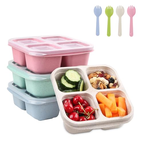 Eidoct 4 Pack Snack Boxes, Reusable Bento Lunch Boxes with 4 Compartments & Fork, Lunch Snack Containers for Kids Adults, Divided Food Storage Containers for School Work Travel(Green/Blue/Pink/White)