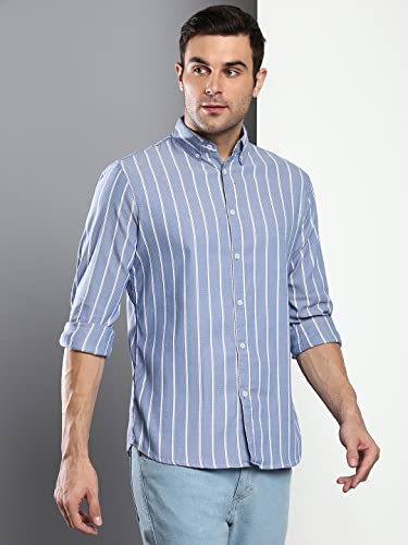 Image of Dennis Lingo Men's Striped Slim Fit Oxford Cotton Casual Shirt with Button Down Collar & Full Sleeves