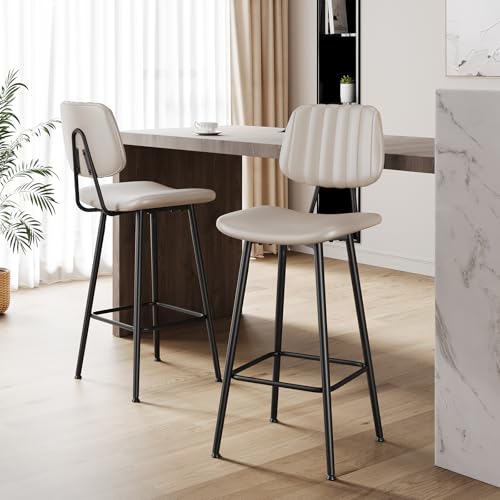 Image of Raynesys 29-Inch Leather Bar Stools Set of 2 with High Backrest, Beige