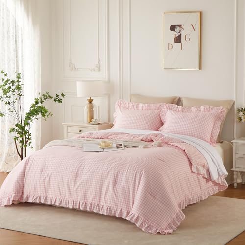Image of Gingham Ruffle Comforter Set Queen - 3 Piece Pink Checkered Bedding Set - Aesthetic Cottagecore Ruffled Farmhouse Comforter with 2 Pillow Shams - Soft, Lightweight All Season Bedding (90 inchx90 inch)