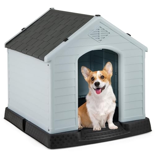 FANTASK Caseta para Perros de plástico para Exteriores, Cueva para Perros con Suelo Elevado y Techo Impermeable, para jardín, Interior y Exterior (70 x 65 x 71,5 cm, Gris)