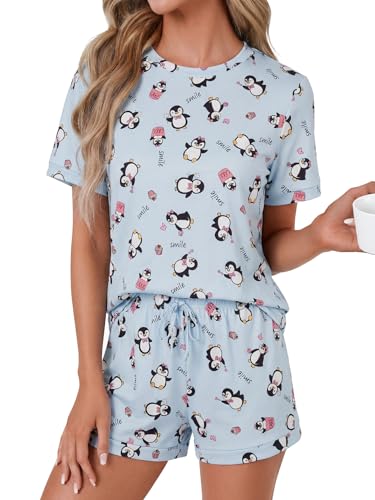 Image of LYANER Pajama Set for Women 2 Piece Lounge Set Striped Crew neck Short Sleeve Tops and Shorts Soft Sleepwear