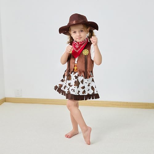 RKJRTK Costume de cowgirl pour fille, costume de cowboy pour enfant, tenue de jeu de rôle pour fille, costume western 4 pièces, gilet, pantalon, chapeau et jupe courte, Chapeau rouge, 150 yards – vue 6