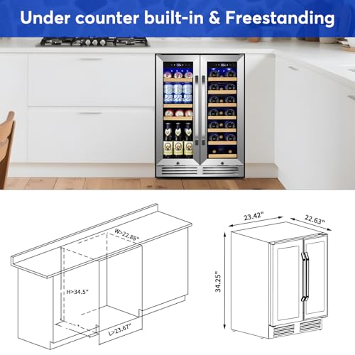 24 Inch Upgraded Wine and Beverage Refrigerator– Dual Zone Beverage Cooler with Glass Door | Under Counter or Freestanding | Large Capacity, Advanced Cooling System & Carbon Purification